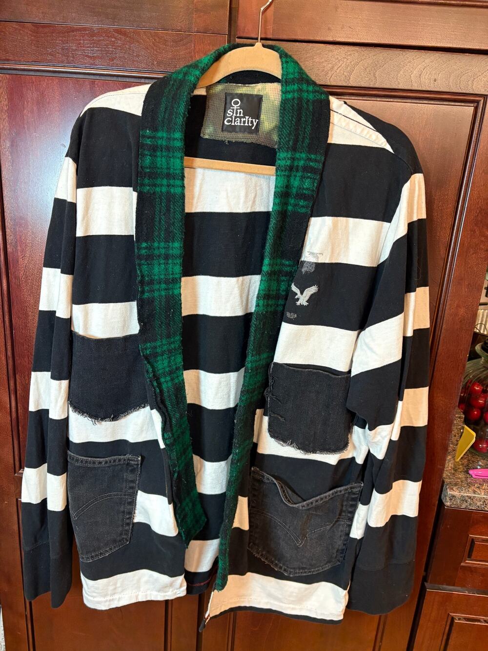 Cardigan Black & White Striped Shacket with Plaid Collar Upcycled